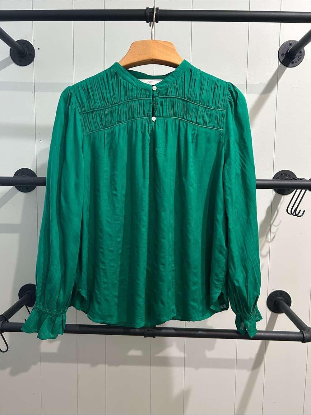 LOFT Emerald Green Pintuck Yoke Long-Sleeve Blouse